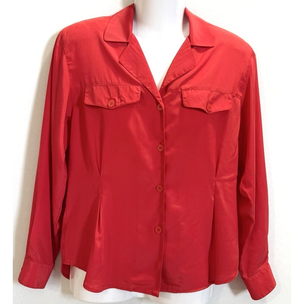 Christian Dior Chemises Blouse Vintage Womens 10 Red Orange Padded Shoulders Top